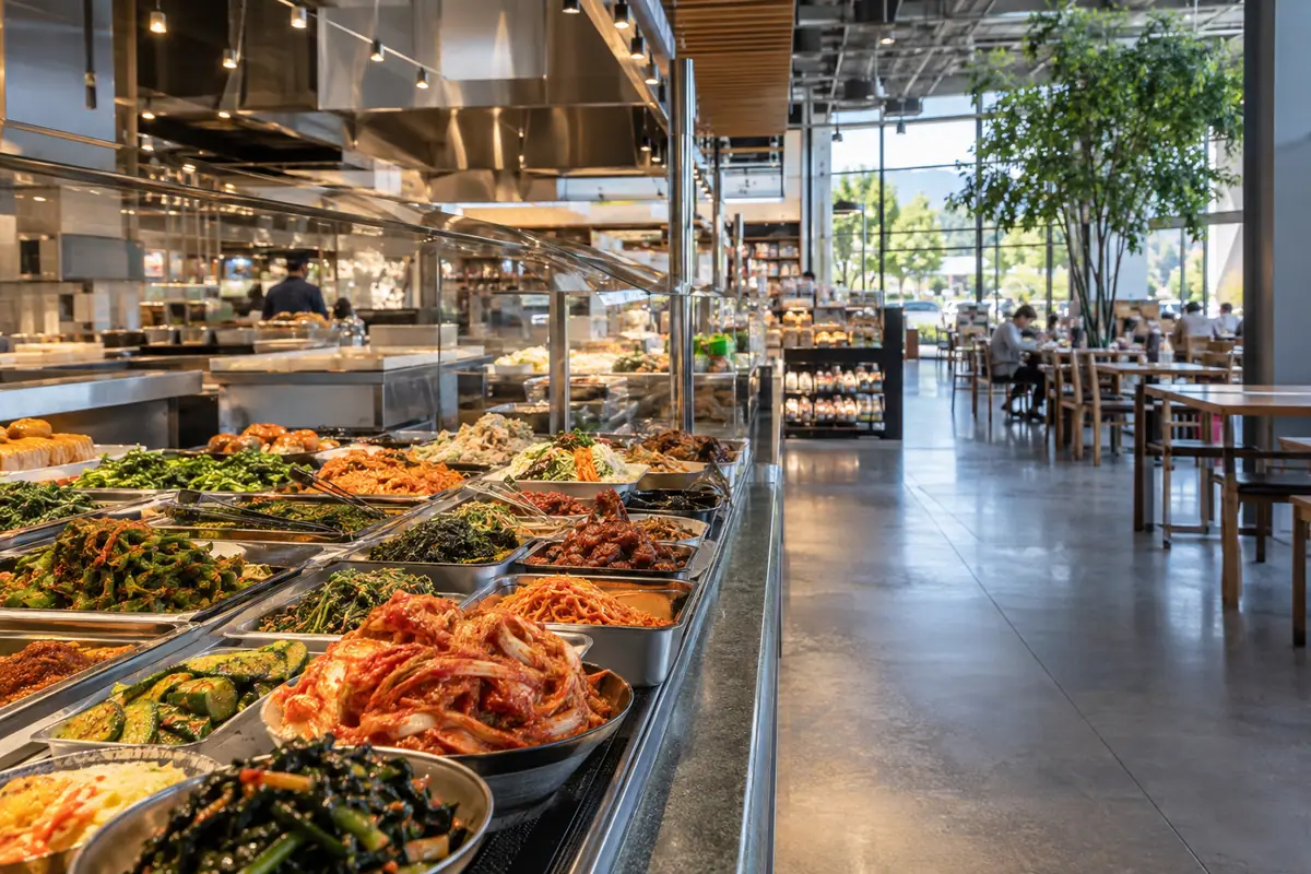 Photoreal travel-editorial view of H-Mart Food Hall in San Jose, California