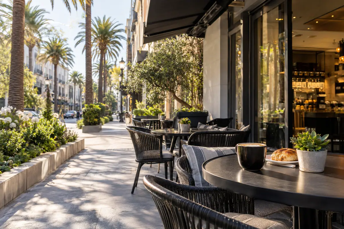 Photoreal travel-editorial view of Peet's Coffee at Santana Row in San Jose, California