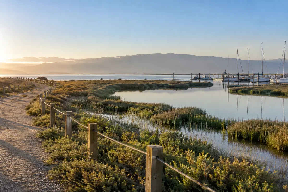 Photoreal travel-editorial view of Alviso Marina County Park in San Jose, California