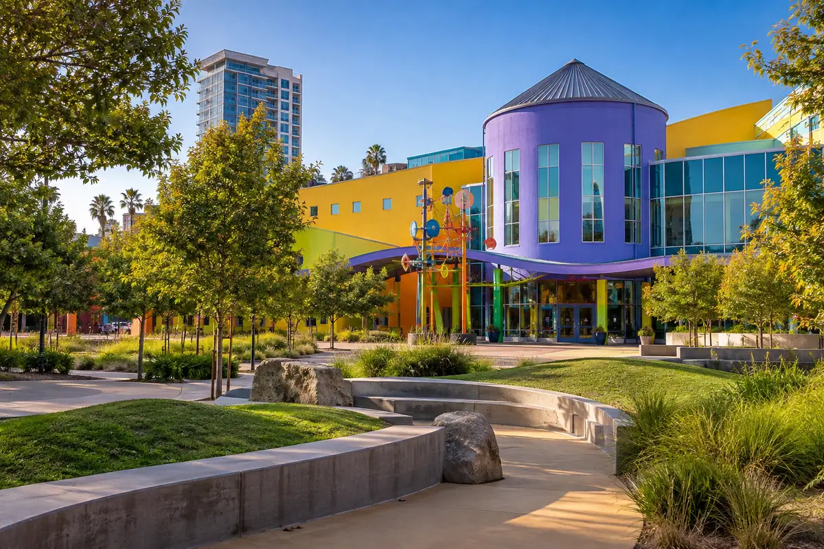 Photoreal travel-editorial view of Children's Discovery Museum of San Jose in San Jose, California