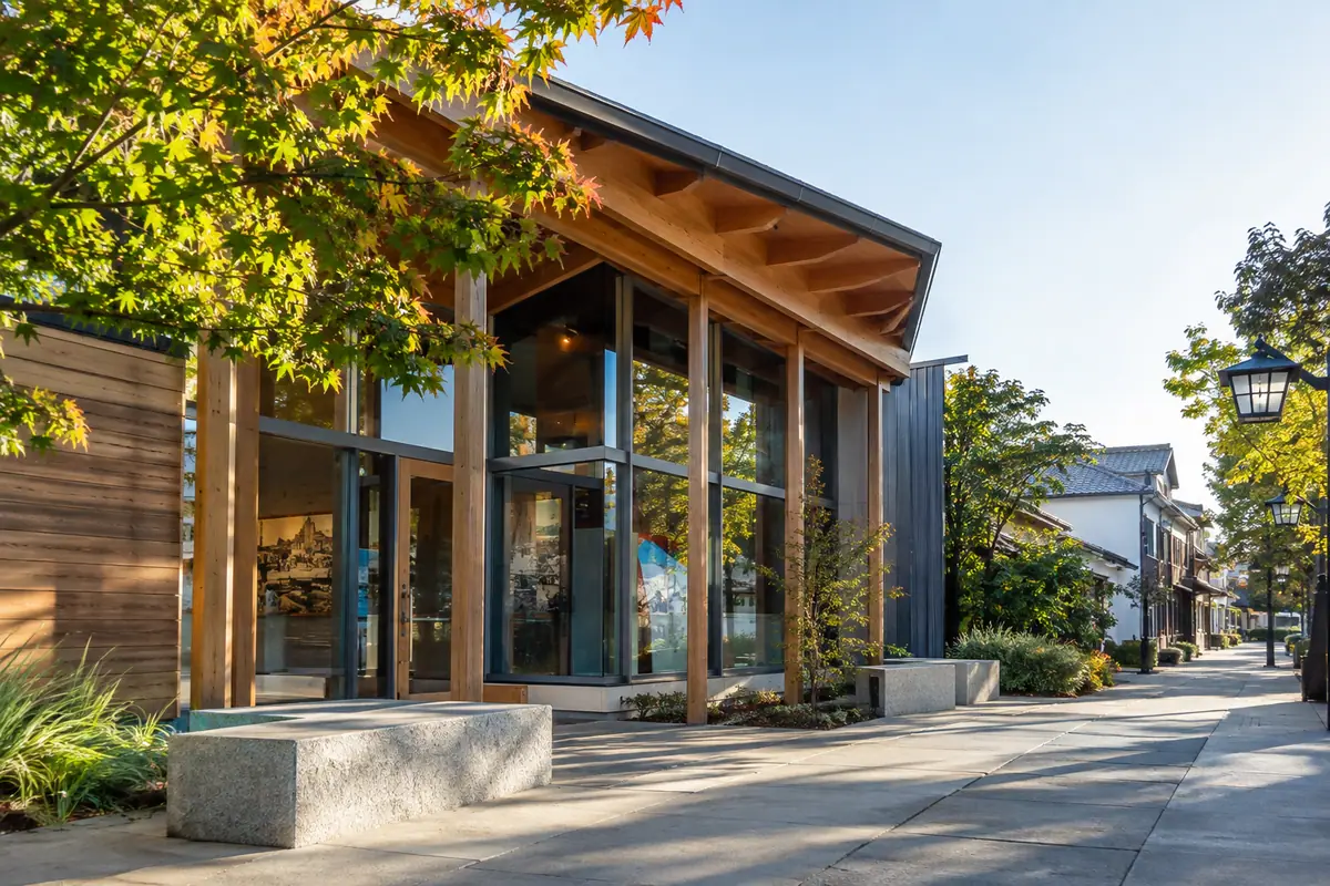 Photoreal travel-editorial view of Japanese American Museum of San Jose in San Jose, California
