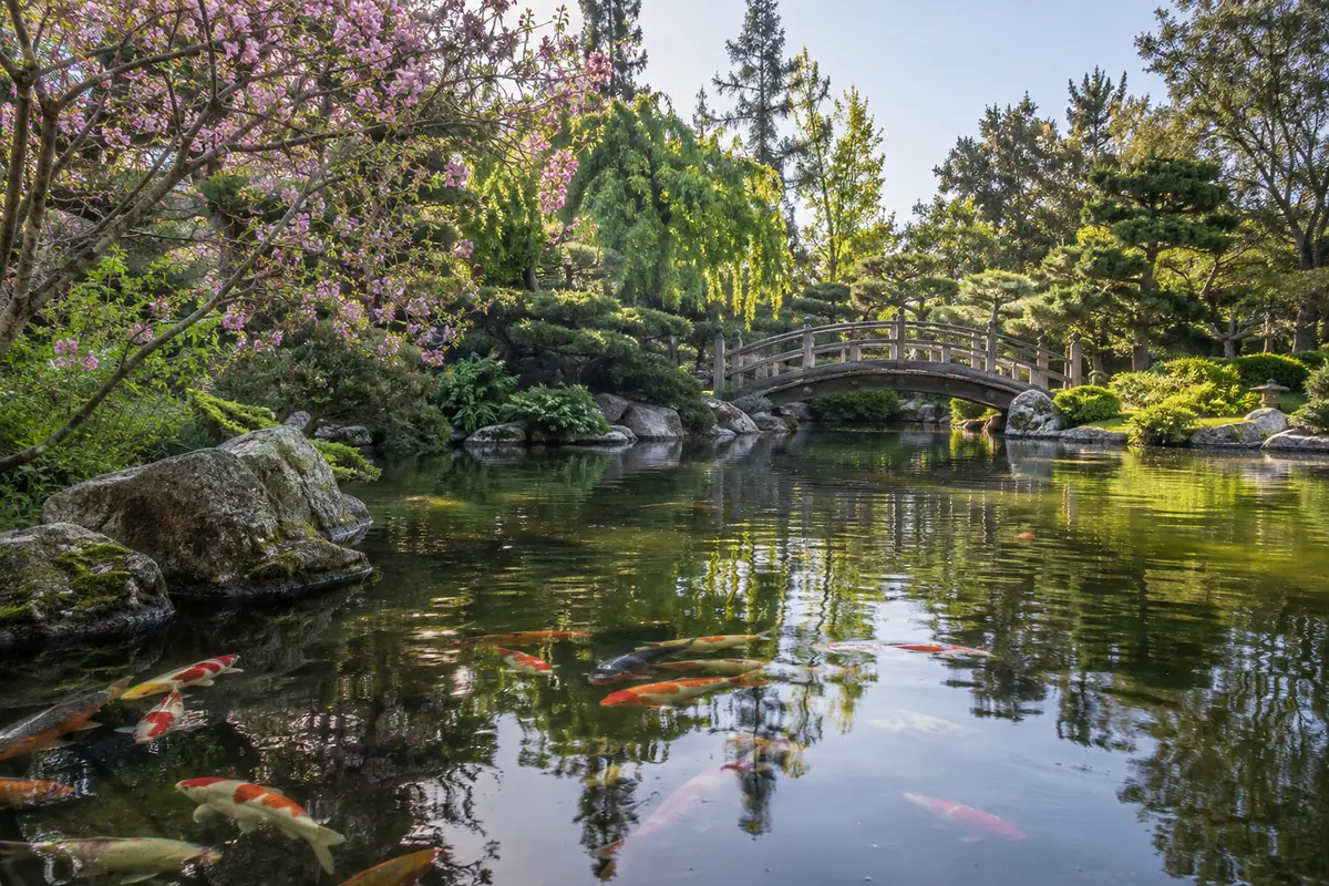 Photoreal travel-editorial view of Japanese Friendship Garden in San Jose, California