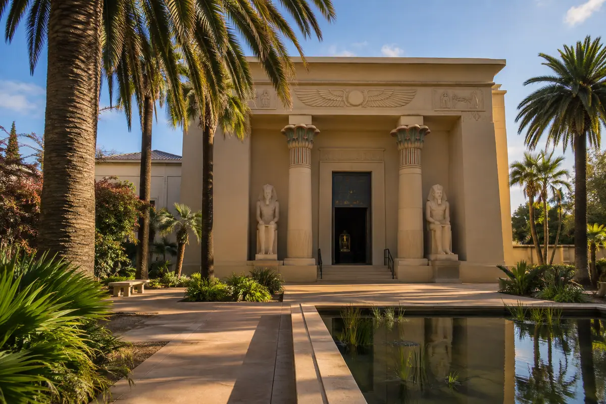 Photoreal travel-editorial view of Rosicrucian Egyptian Museum in San Jose, California
