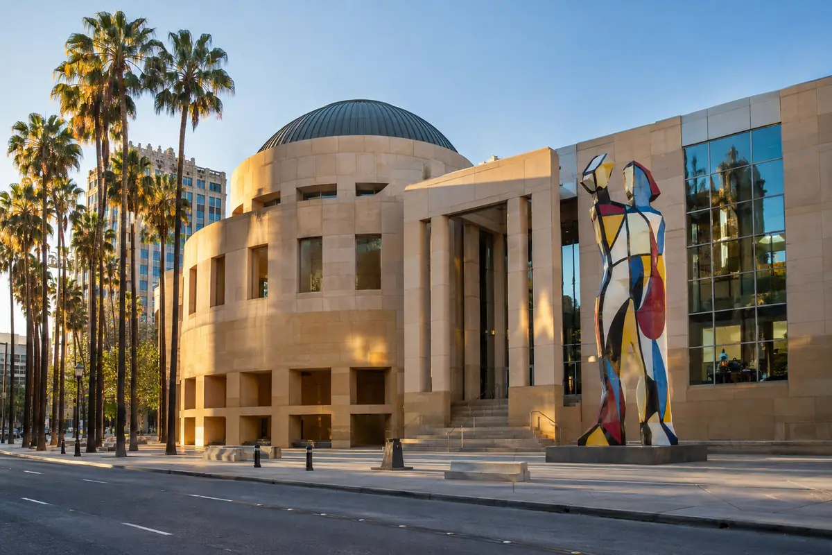 Photoreal travel-editorial view of San José Museum of Art in San Jose, California
