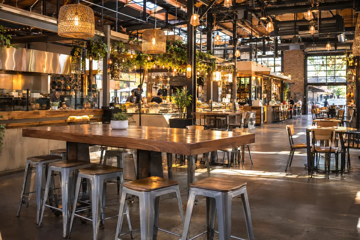 Photoreal travel-editorial view of San Pedro Square Market in San Jose, California