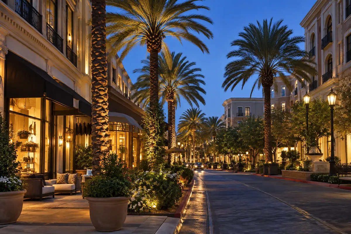 Photoreal travel-editorial view of Santana Row in San Jose, California