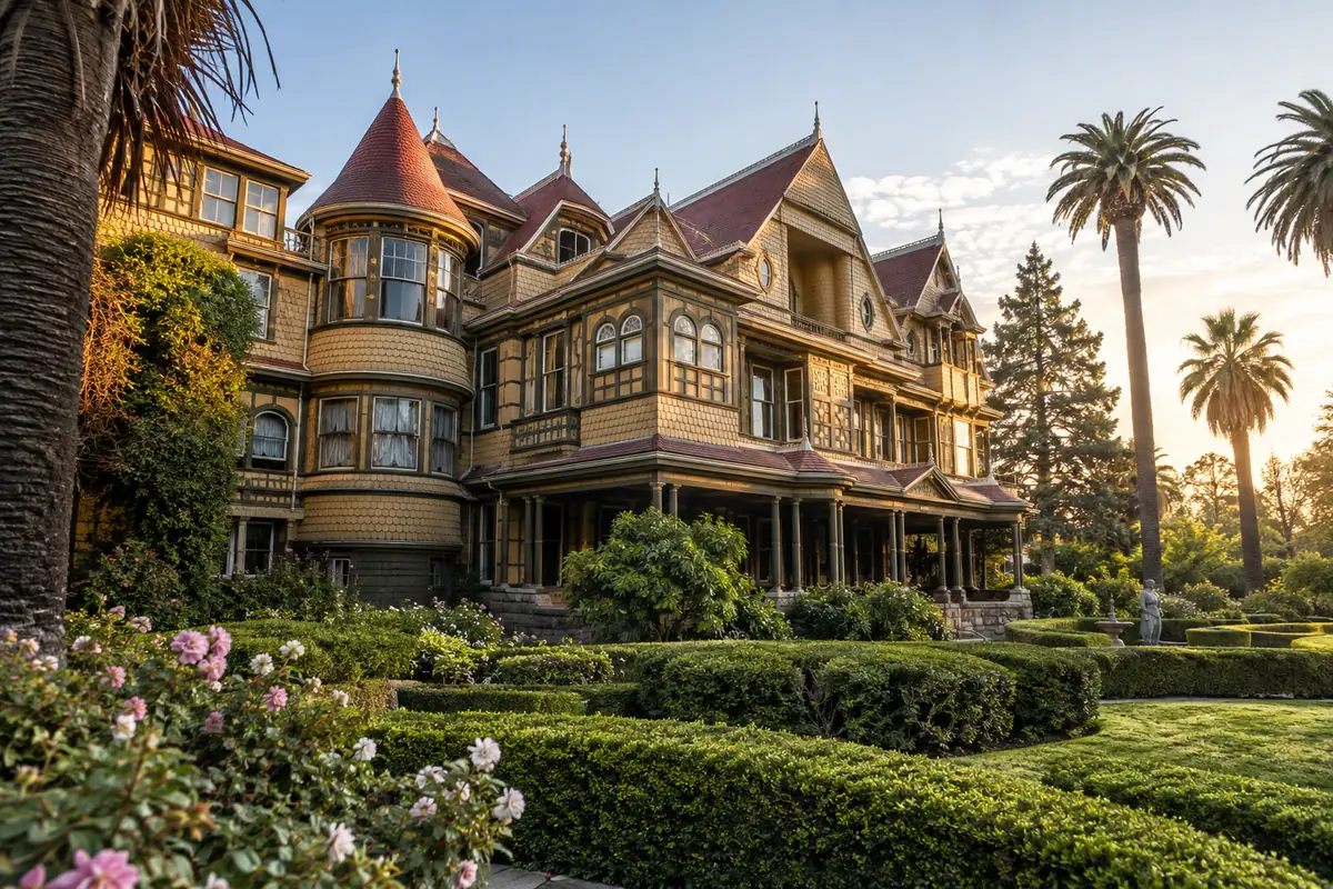Photoreal travel-editorial view of Winchester Mystery House in San Jose, California