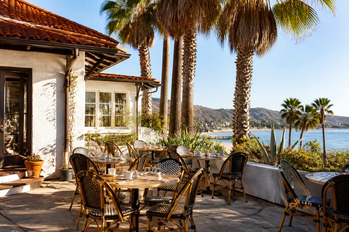 Photoreal travel-editorial view of Chad's Cafe in Santa Barbara, California