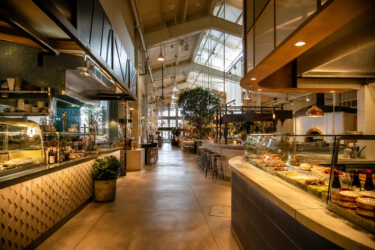 Photoreal travel-editorial view of Santa Barbara Public Market in Santa Barbara, California
