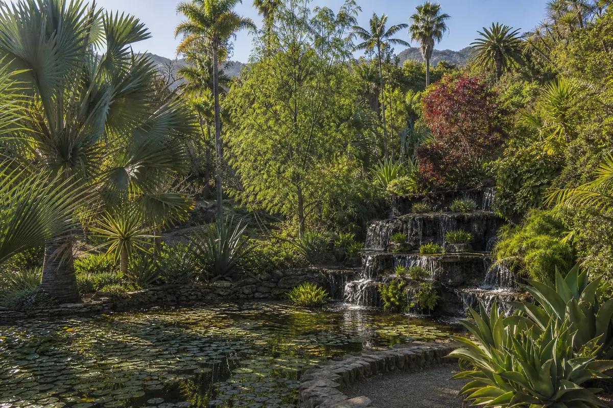Photoreal travel-editorial view of Lotusland in Santa Barbara, California