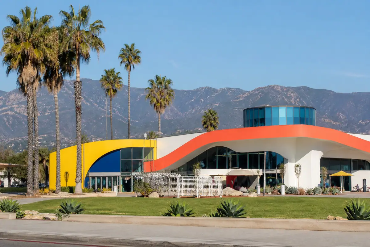 Photoreal travel-editorial view of MOXI, The Wolf Museum of Exploration + Innovation in Santa Barbara, California