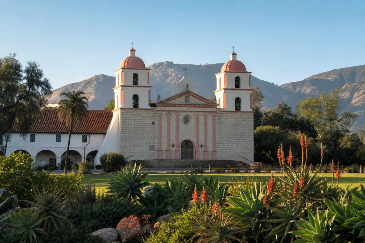 Photoreal travel-editorial view of Santa Barbara Mission in Santa Barbara, California