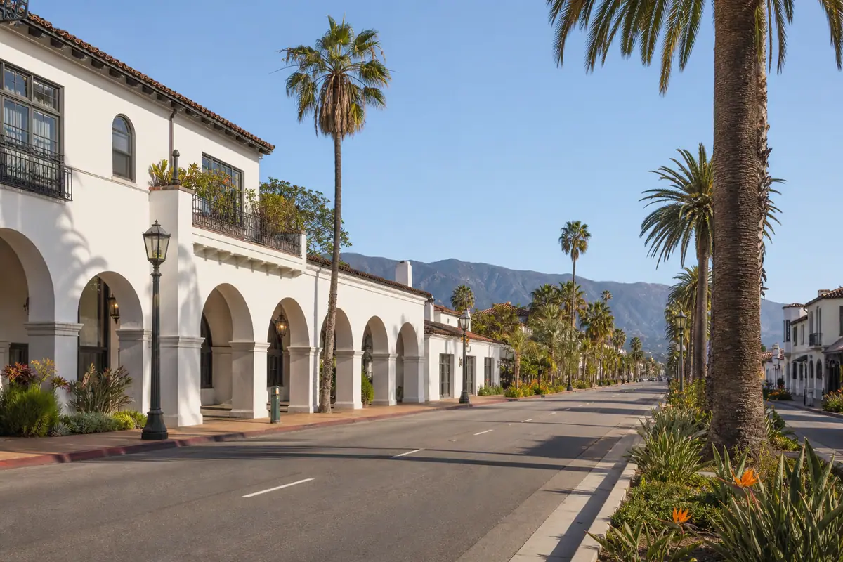 Photoreal travel-editorial view of State Street and El Paseo in Santa Barbara, California