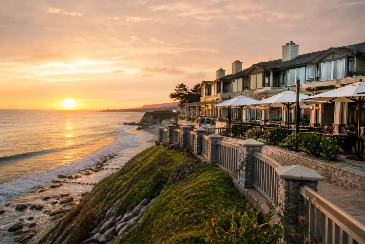 Photoreal travel-editorial view of West Cliff Inn in Santa Cruz, California