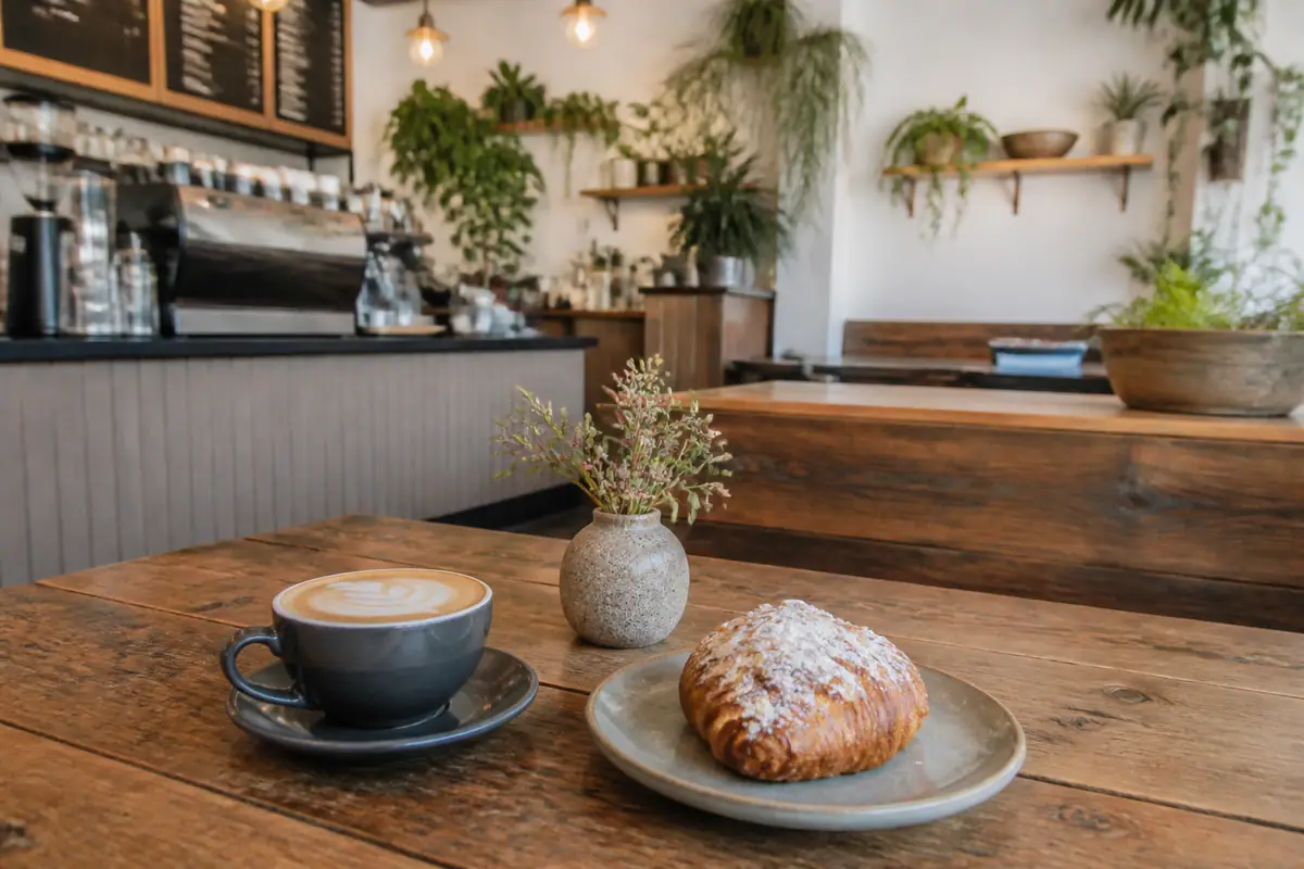 Photoreal travel-editorial view of Cat & Cloud Coffee in Santa Cruz, California