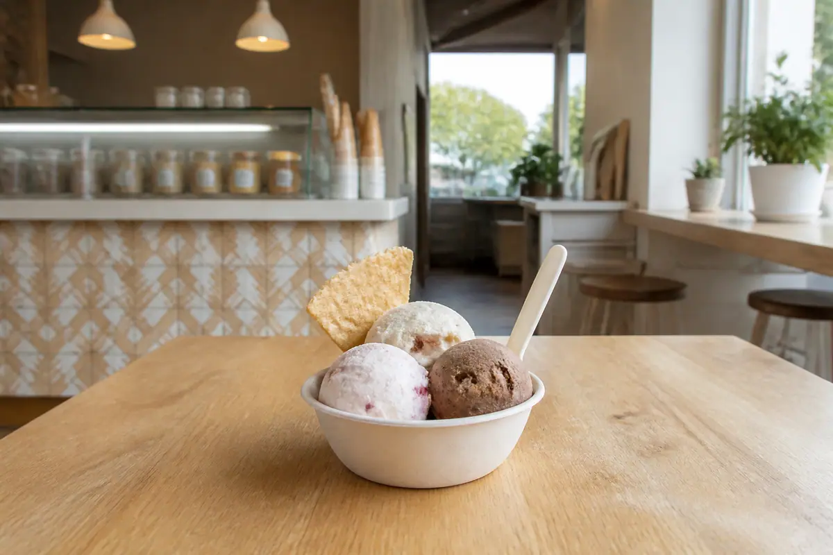 Photoreal travel-editorial view of Penny Ice Creamery in Santa Cruz, California