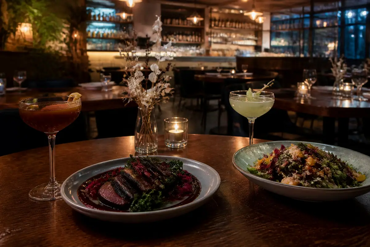 Photoreal travel-editorial view of Venus Spirits Cocktails & Kitchen in Santa Cruz, California