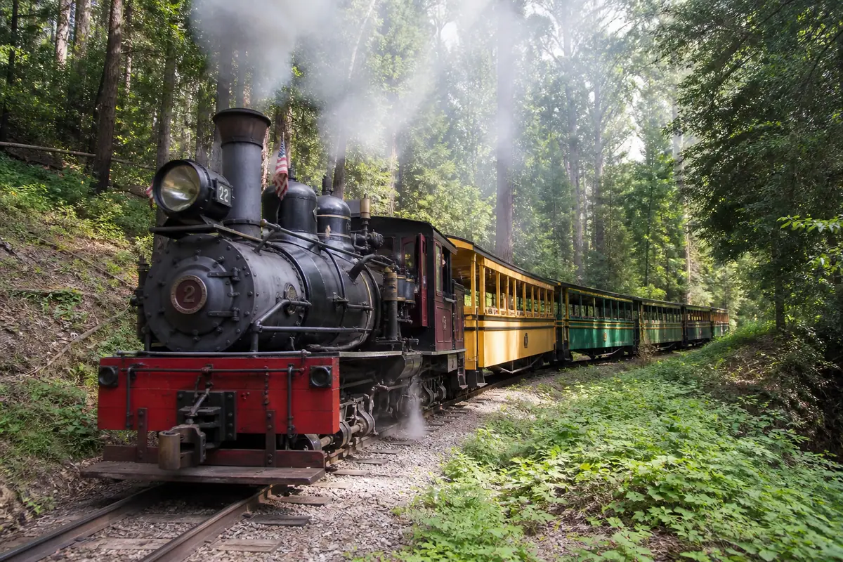 Photoreal travel-editorial view of Roaring Camp Railroads in Santa Cruz, California