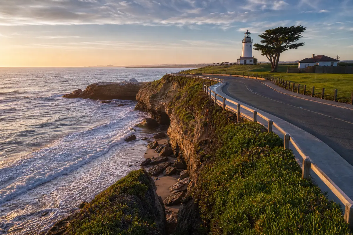 Photoreal travel-editorial view of West Cliff Drive and Lighthouse Field in Santa Cruz, California