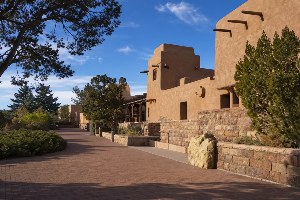 Photoreal Pueblo Revival exterior at Museum of Indian Arts and Culture in Santa Fe