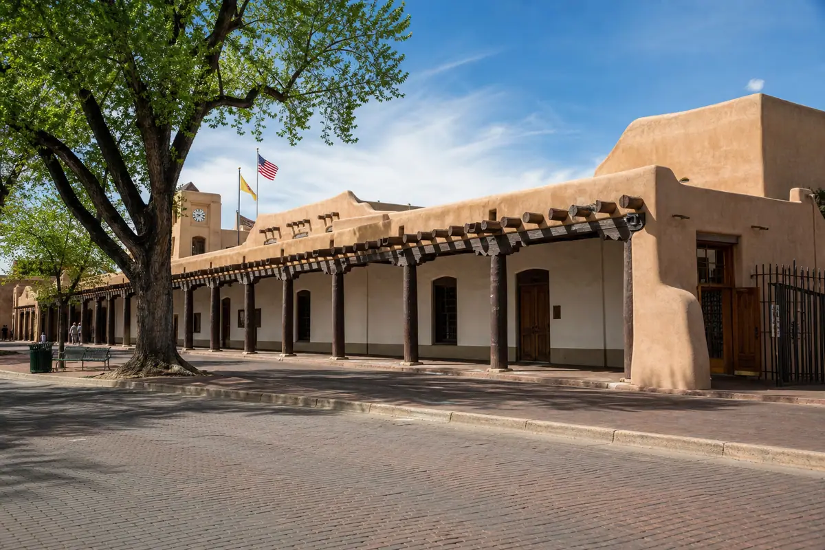 Photoreal Palace of the Governors and New Mexico History Museum scene in Santa Fe