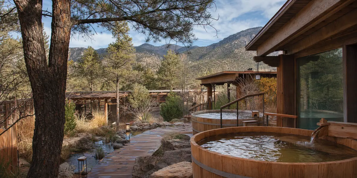 Photoreal Ten Thousand Waves spa setting in Santa Fe foothills