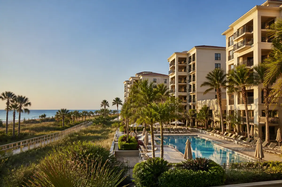 Photoreal travel-editorial view of Lido Beach Resort in Sarasota, Florida