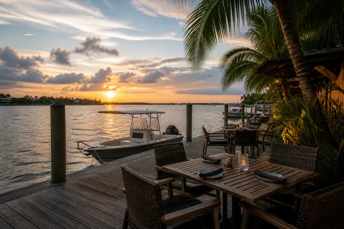 Photoreal travel-editorial view of Dry Dock Waterfront Grill in Sarasota, Florida