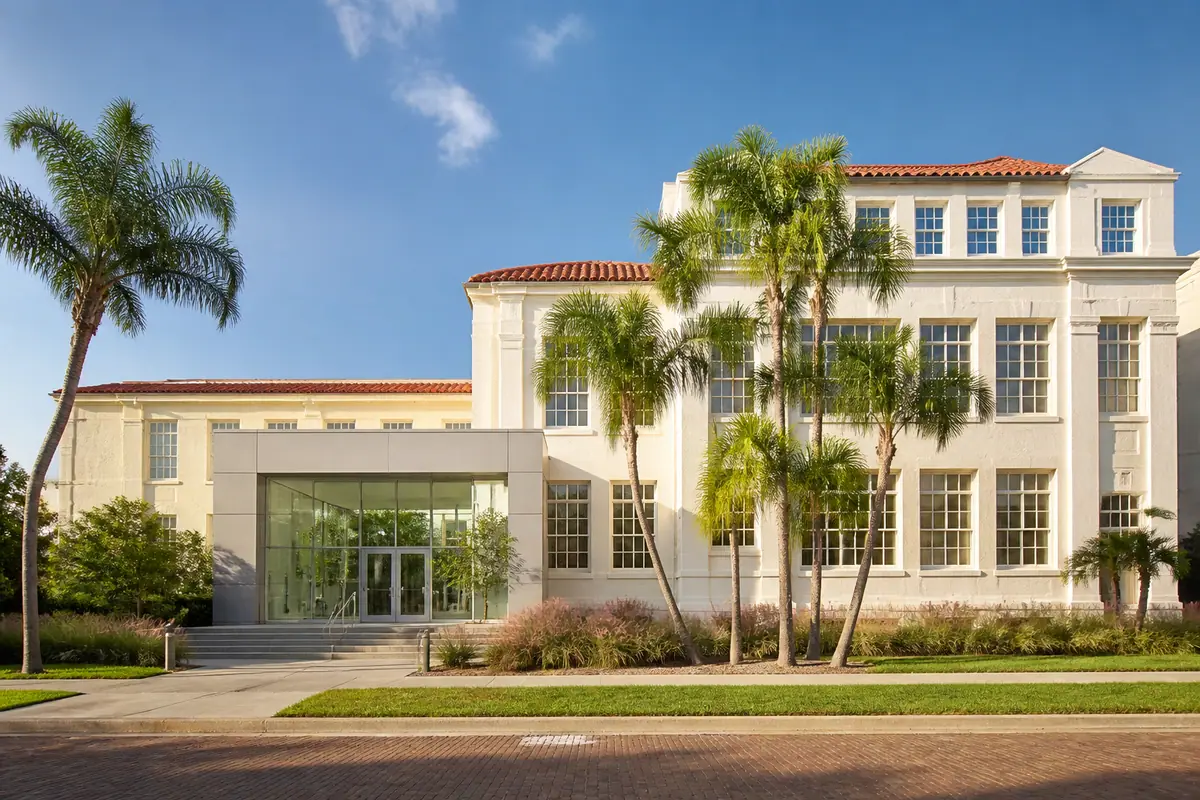 Photoreal travel-editorial view of Sarasota Art Museum in Sarasota, Florida