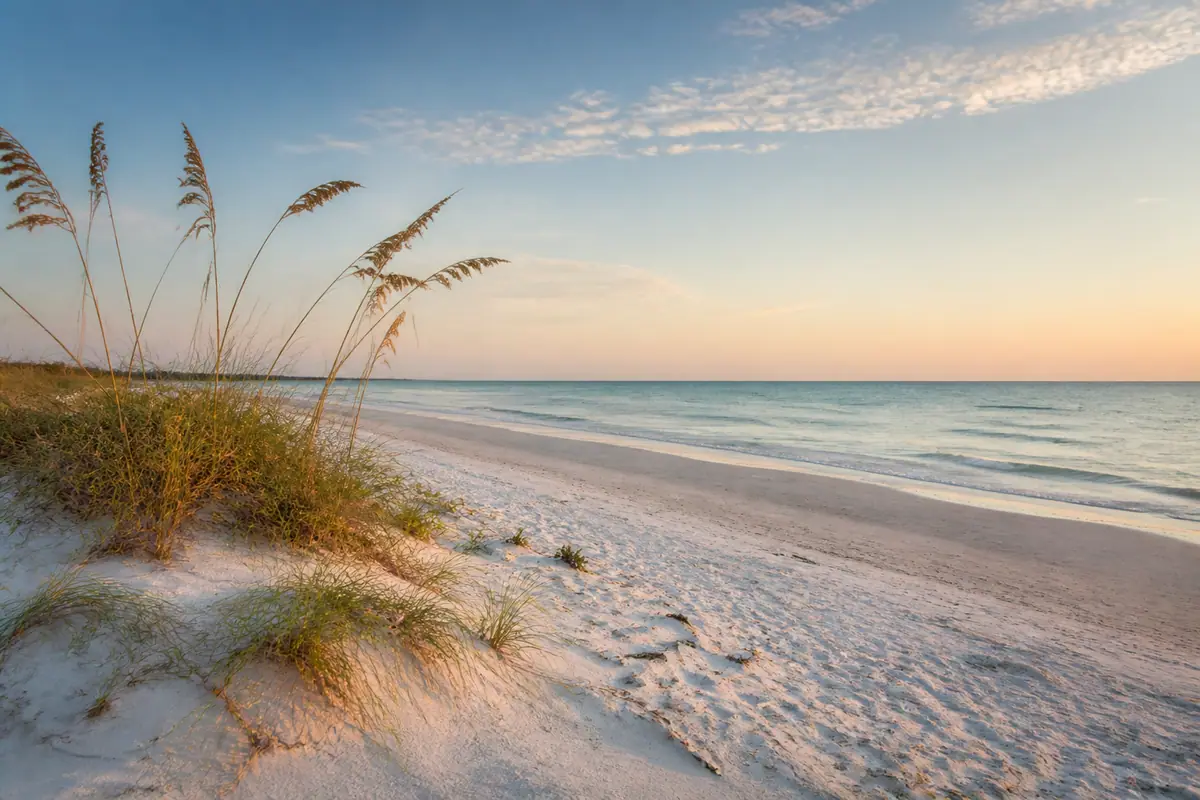 Photoreal travel-editorial view of Siesta Key Beach in Sarasota, Florida