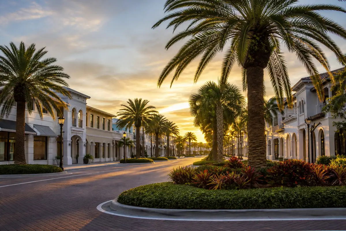 Photoreal travel-editorial view of St. Armands Circle in Sarasota, Florida