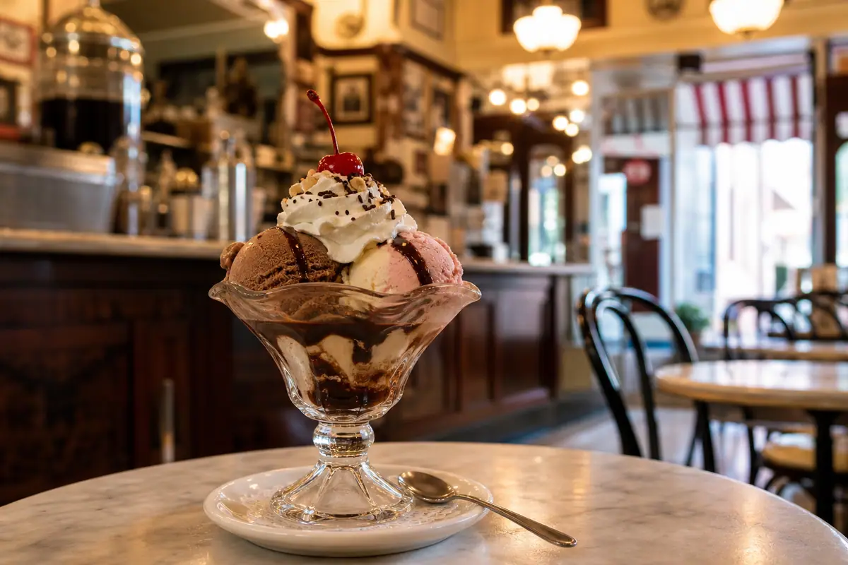 Photoreal dining or food scene representing Leopold's Ice Cream in Savannah