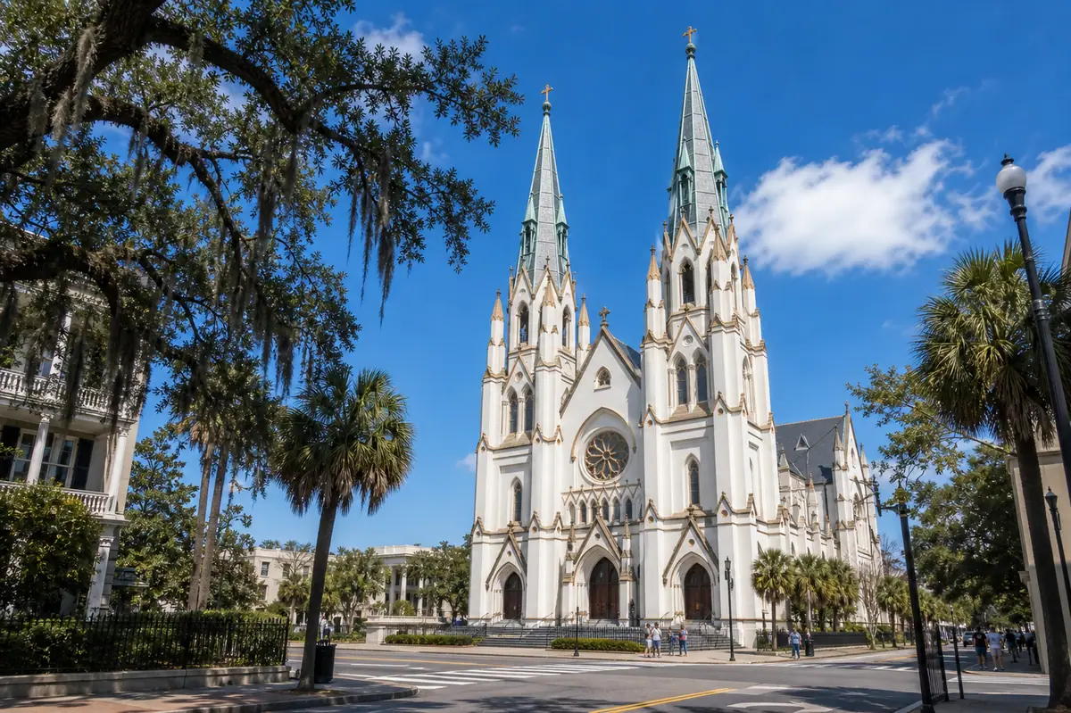 Photoreal Cathedral Basilica of St. John the Baptist facade in Savannah under bright daylight