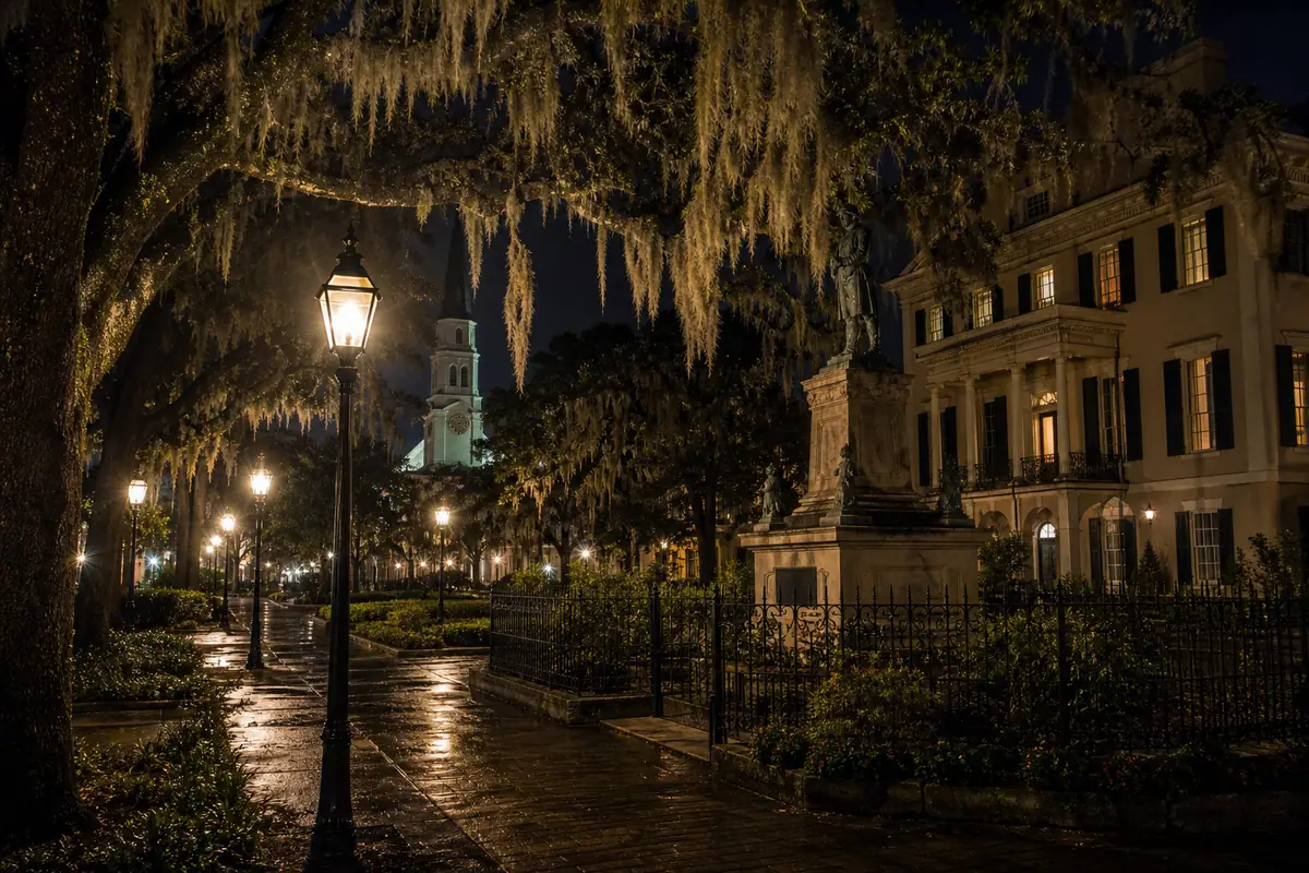 Photoreal moody historic square at night in Savannah