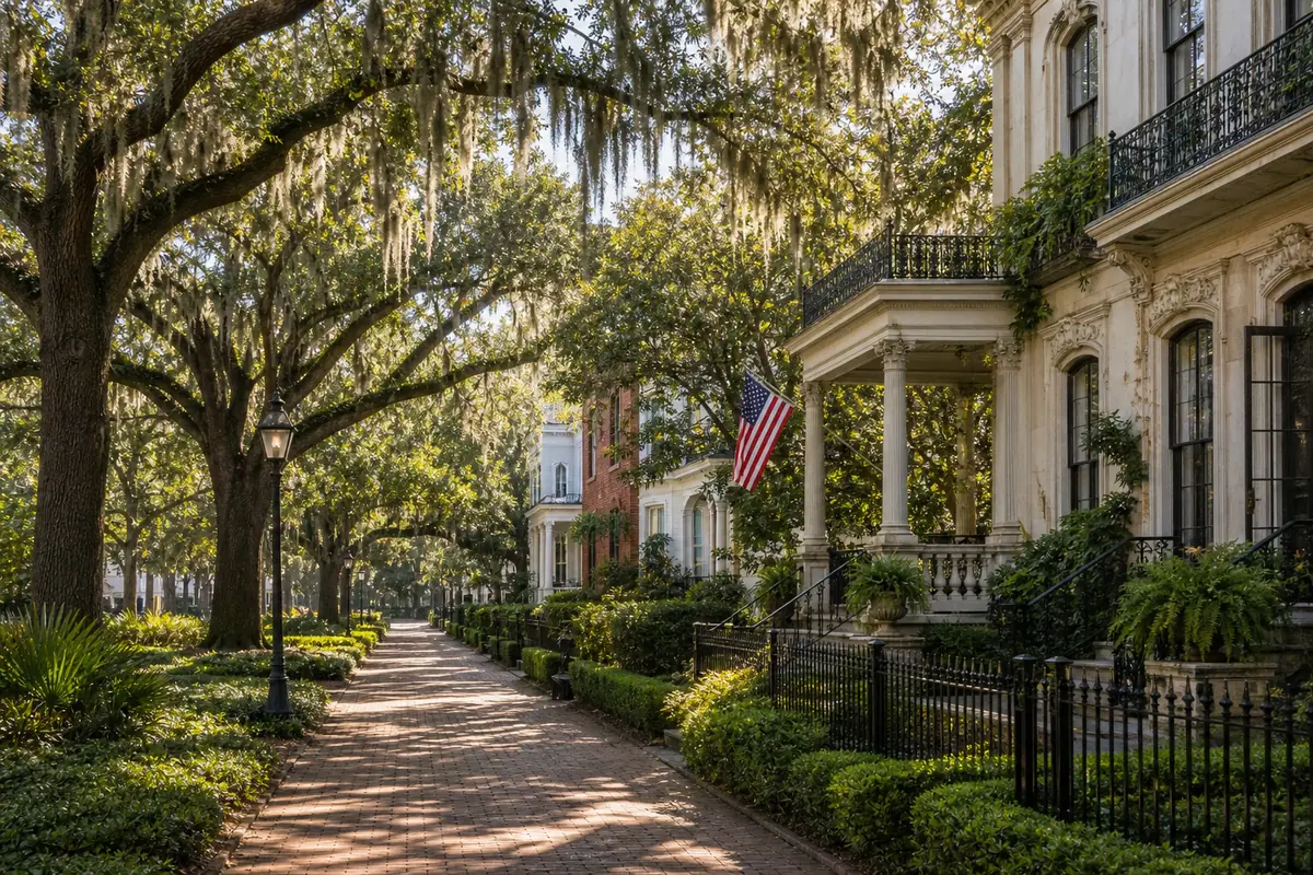 Photoreal historic walking route through Savannah's oak-shaded squares