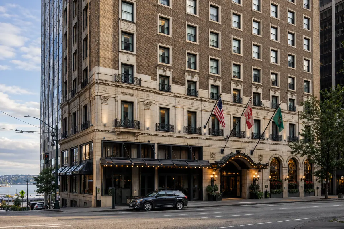 Photoreal exterior of Mayflower Park Hotel in Seattle