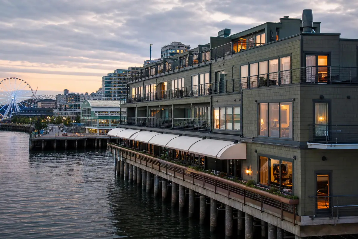 Photoreal exterior of The Edgewater Hotel in Seattle