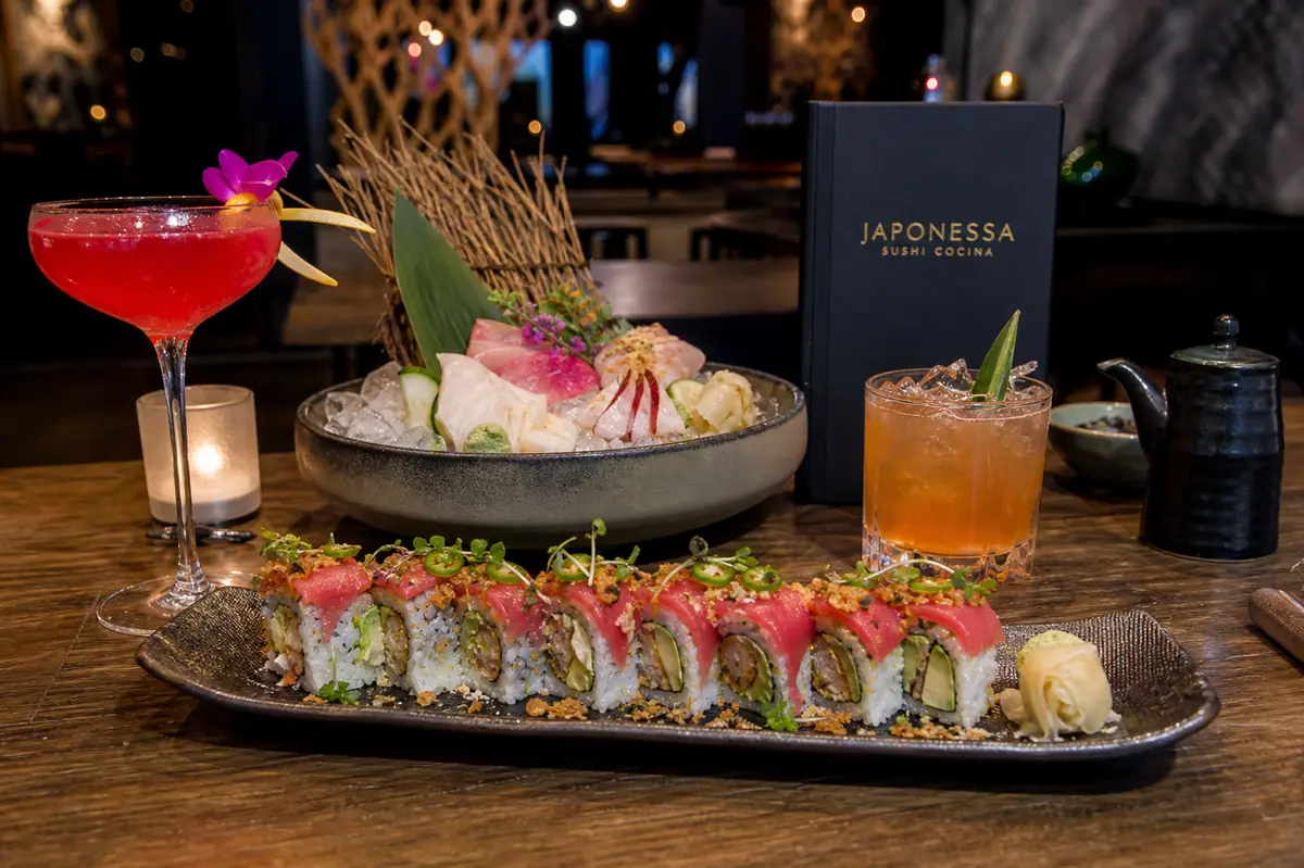 Photoreal sushi and cocktails scene representing Japonessa Sushi Cocina in Seattle
