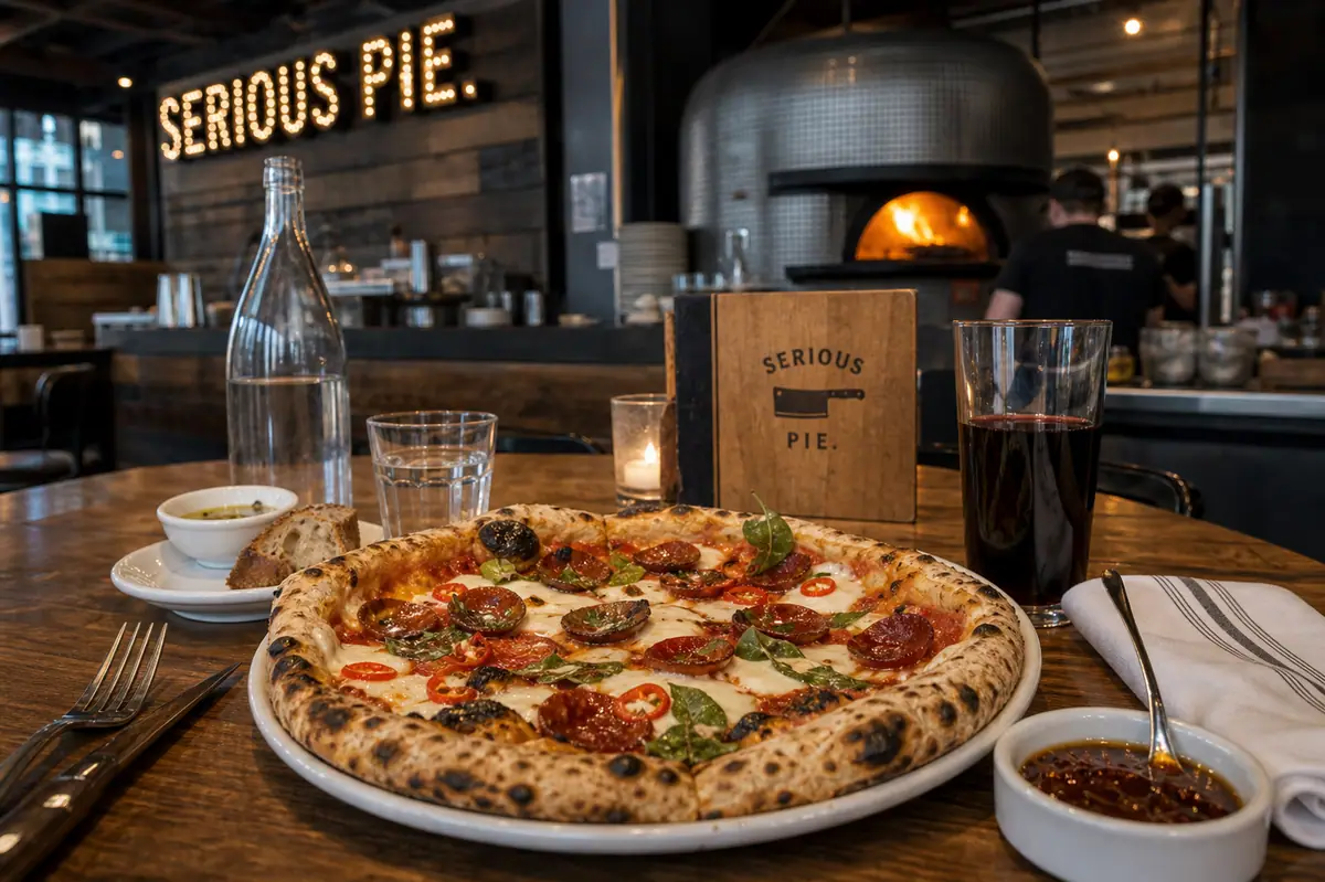 Photoreal wood-fired pizza representing Serious Pie in Seattle