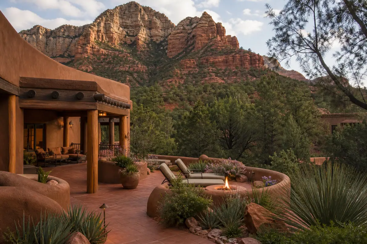 Photoreal travel-editorial view of Enchantment Resort in Sedona, Arizona