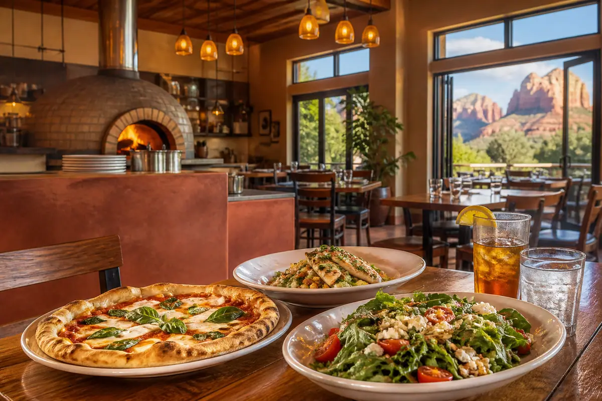 Photoreal travel-editorial view of Picazzo's Healthy Italian Kitchen in Sedona, Arizona