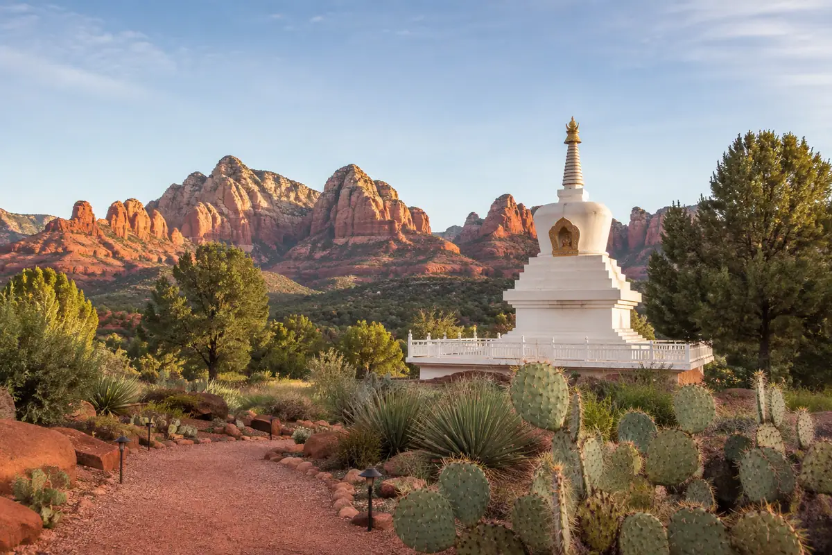 Photoreal Amitabha Stupa surrounded by Sedona red rocks