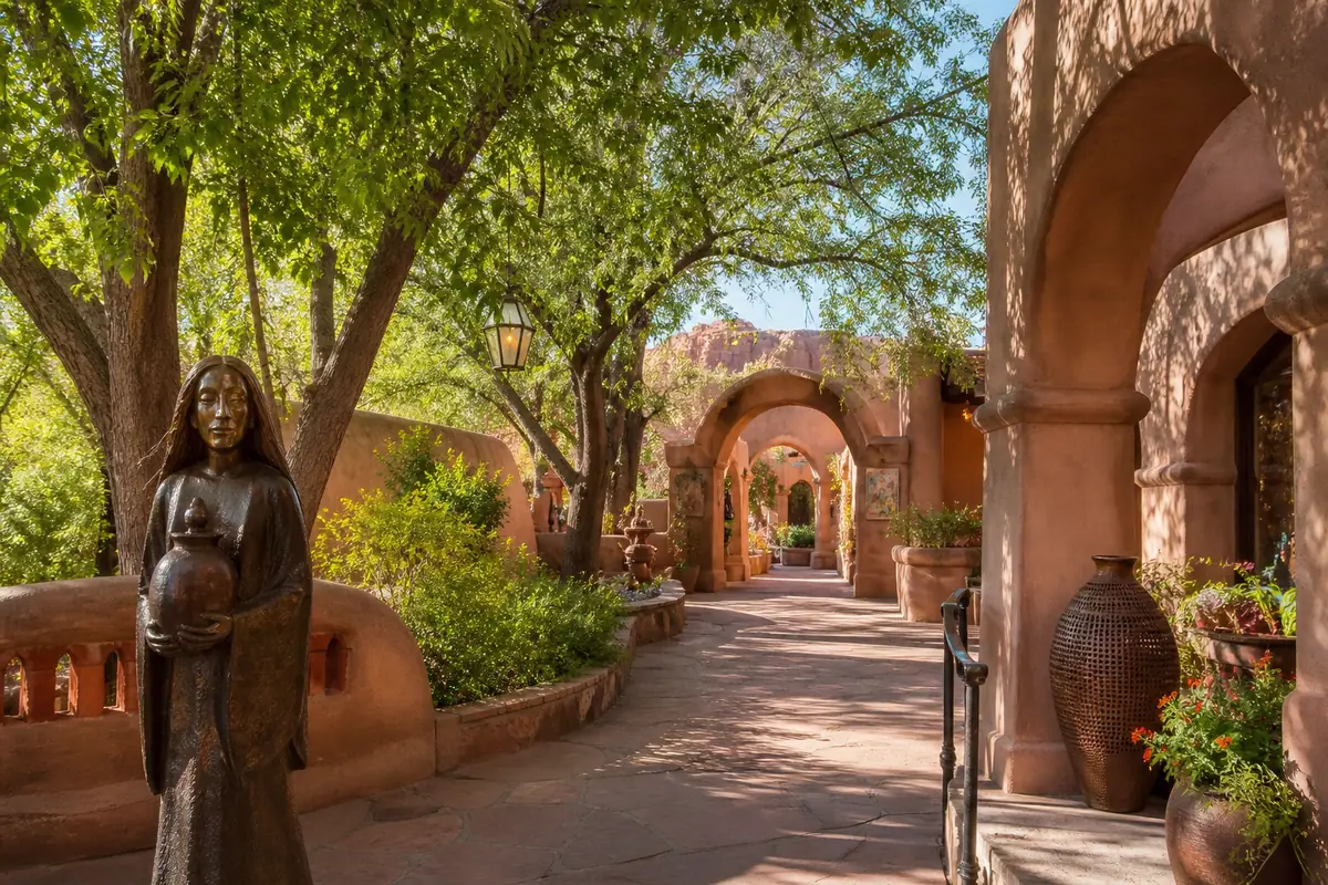 Photoreal travel-editorial view of Tlaquepaque Arts and Shopping Village in Sedona, Arizona