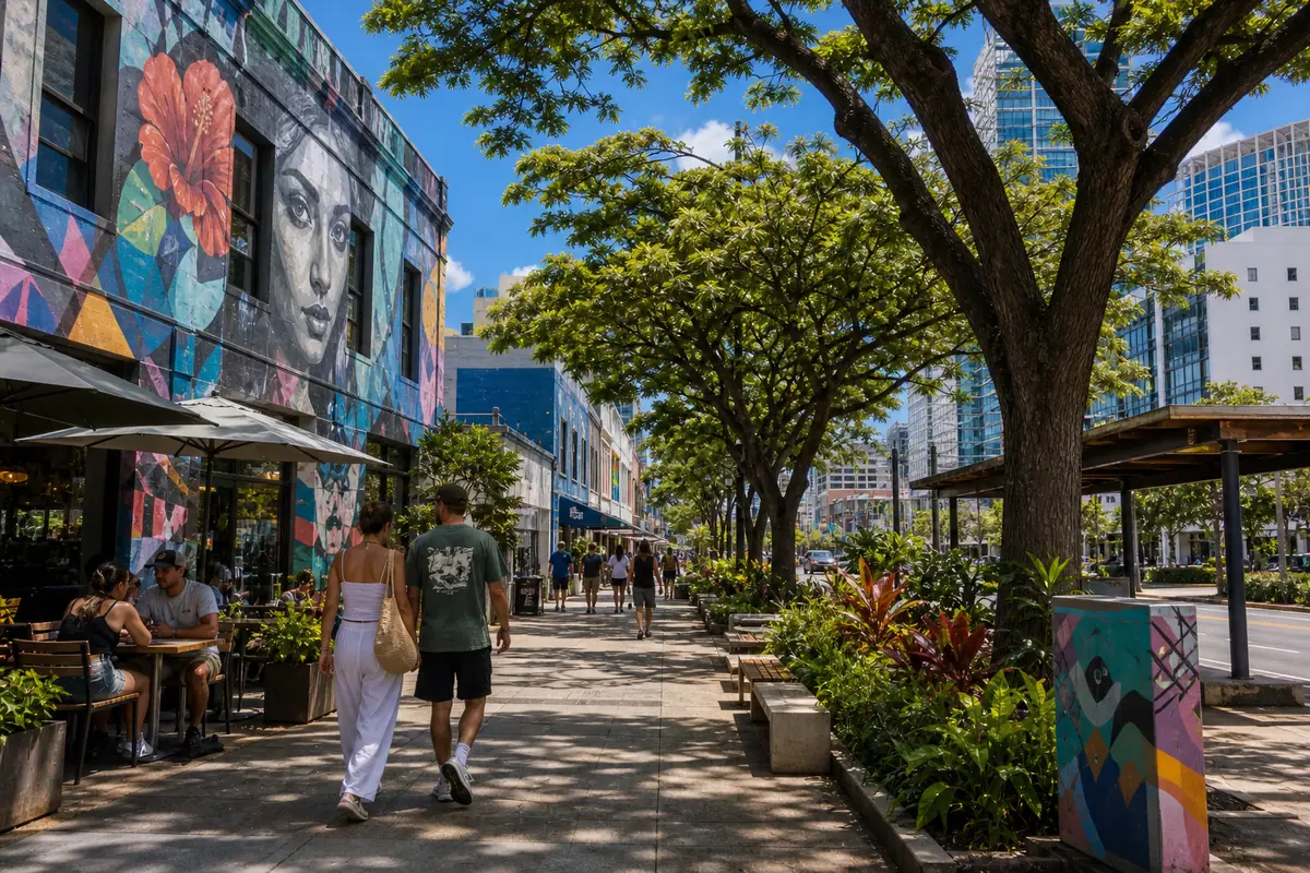 Photoreal Kakaako Arts District streetscape with murals and palms on Oahu