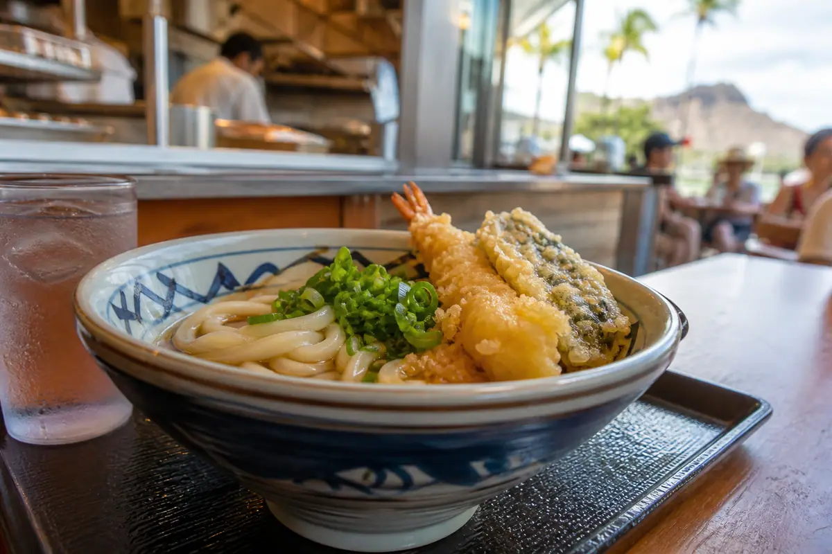 Photoreal udon tray scene representing Marugame Udon on Oahu