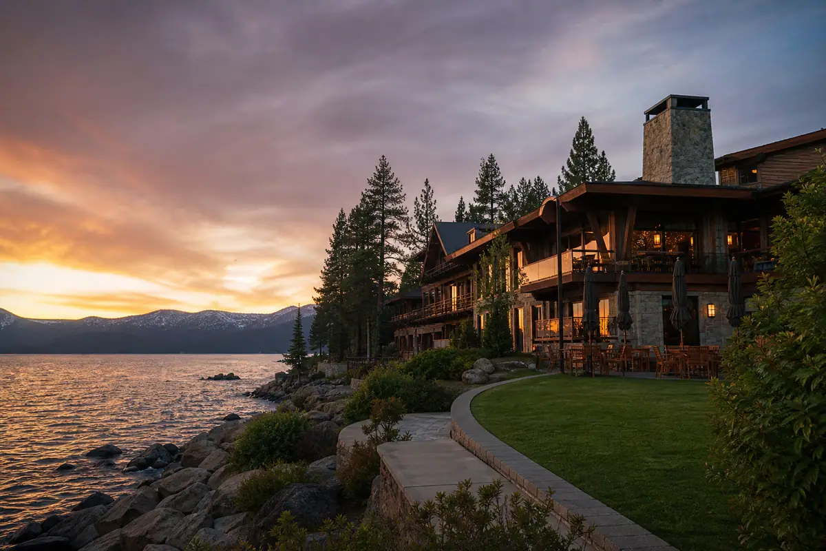 Photorealistic travel-editorial view of Edgewood Tahoe Resort in South Lake Tahoe, California