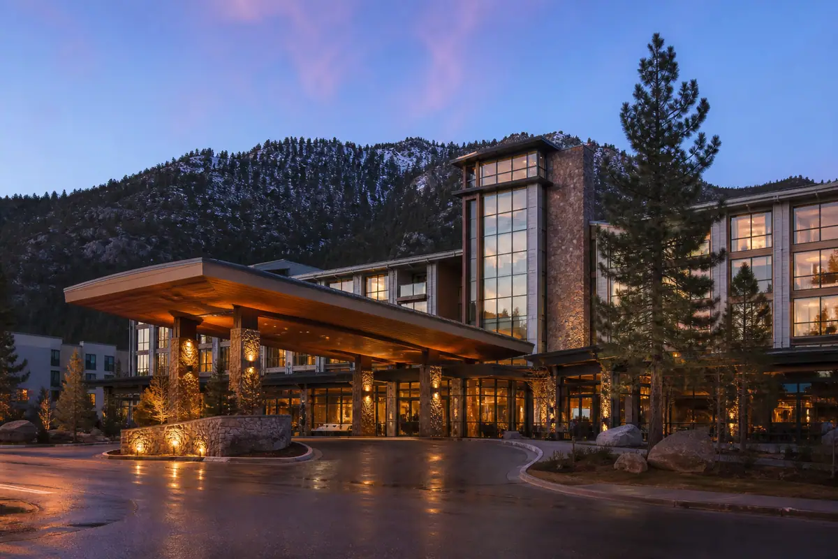 Photorealistic travel-editorial view of Margaritaville Resort Lake Tahoe in South Lake Tahoe, California