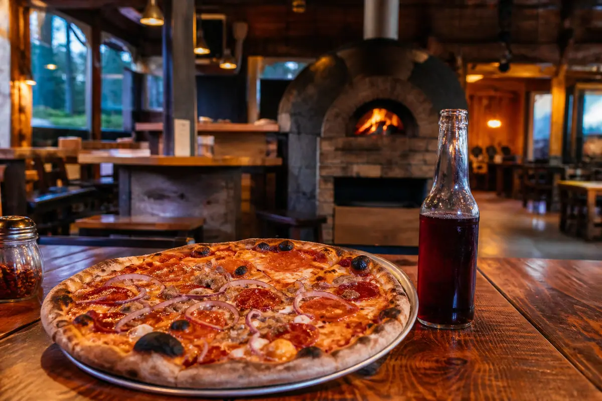 Photorealistic travel-editorial view of Base Camp Pizza Co. in South Lake Tahoe, California