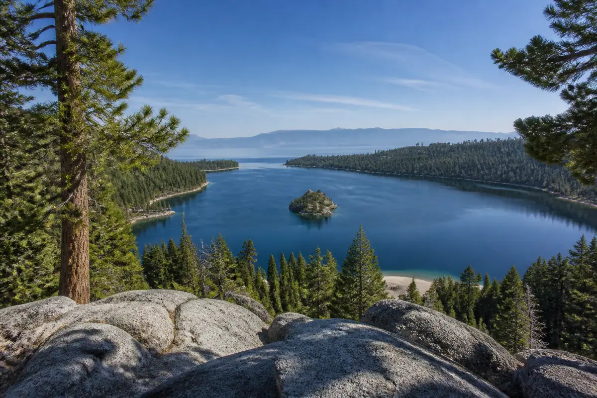 Photorealistic travel-editorial view of Emerald Bay Scenic Overlook in South Lake Tahoe, California
