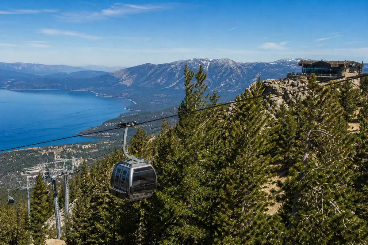 Photorealistic travel-editorial view of Heavenly Gondola and Observation Deck in South Lake Tahoe, California